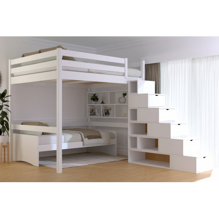Cama elevada de madera maciza con acceso por escalera cúbica - barniz blanco sin disolventes