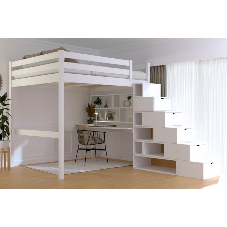 Hochbett für 2 Personen, hergestellt in Frankreich, mit Würfel-Treppe, weiß lackiert
