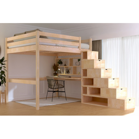 Lit mezzanine 160x200 avec escalier cube en finition non vernis