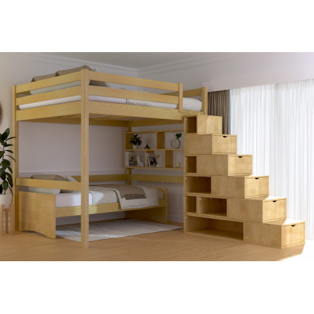 Lit mezzanine 160x200 bois massif accès escalier cube – vernis miel