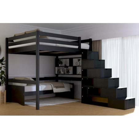 Lit 2 places en hauteur fabriqué en France accès escalier cube avec vernis noir