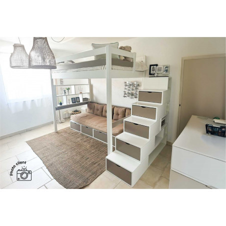 Solid wood double loft bed with modular cube staircase