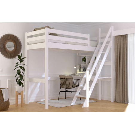 Lit en hauteur, vernis blanc, accès escalier de meunier
