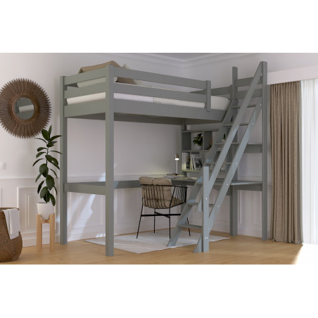 Lit mezzanine 1 place avec escalier de meunier avec vernis à l’eau gris
