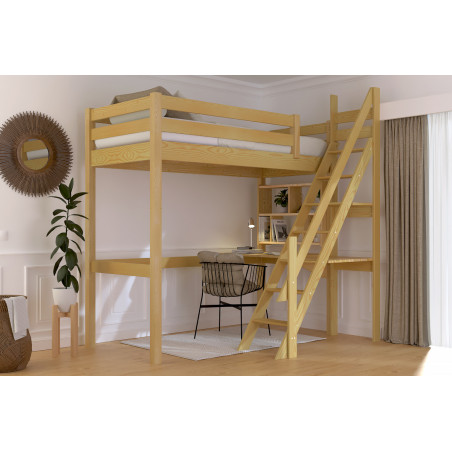 Lit mezzanine avec escalier de meunier avec vernis sans solvants teinté miel