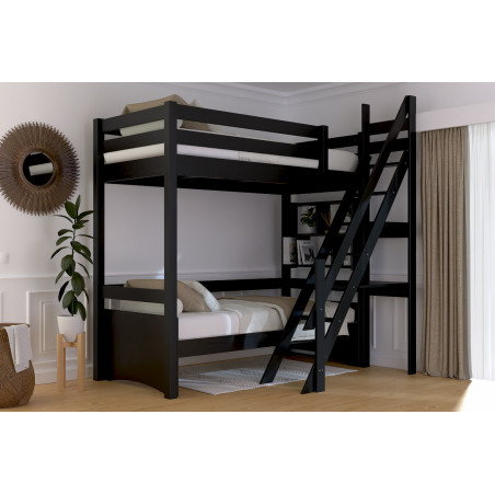 Hochbett 90 x 200 cm mit Leiter und schwarz lackiert mit Wasserlack