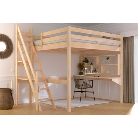 Letto a soppalco per adulti con scala da mulino – legno non trattato