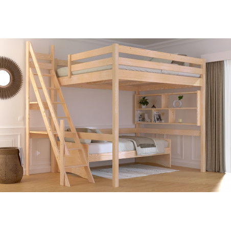 Letto matrimoniale rialzato con scala da mulino non verniciato