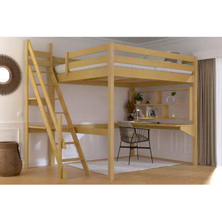 Hochbett für Erwachsene mit Müllerstiege – mit Honig-Wasserlack lackiert