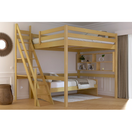 Hochbett für 2 Personen mit Treppe, lösungsmittelfrei lackiert in Honigfarbe