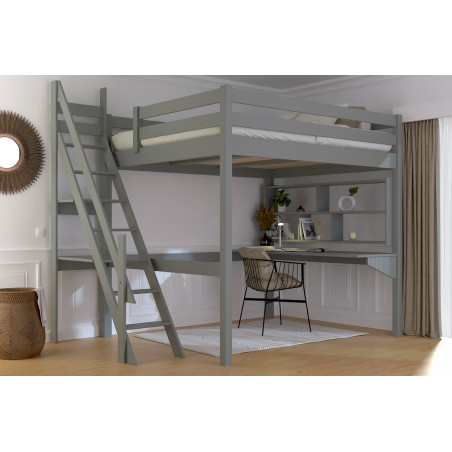 Cama doble alta con escalera de molinero barnizada sin disolventes gris
