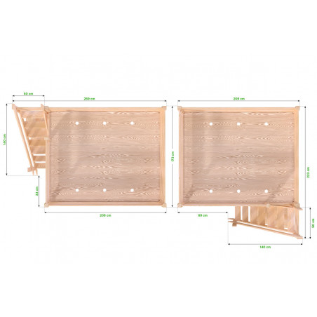 Letto matrimoniale rialzato in pino massiccio con accesso tramite scala da mulino