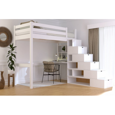 Lit mezzanine 90x200 escalier cube – vernis blanc
