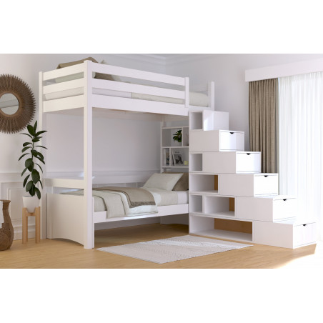 Letto a soppalco con scala cubica e vernice all'acqua bianca