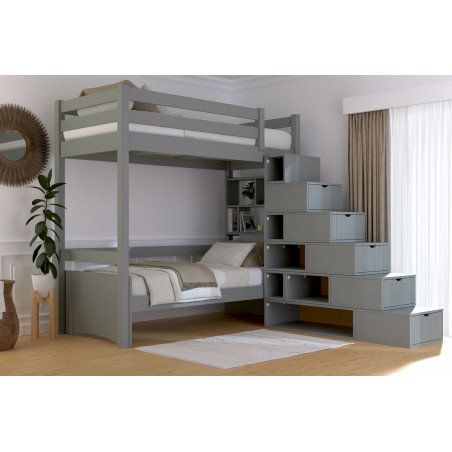 Lit mezzanine 90x200 – accès escalier cube – vernis sans solvants gris