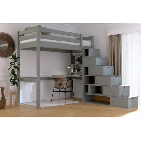 Lit mezzanine 1 place escalier cube avec vernis à l’eau gris