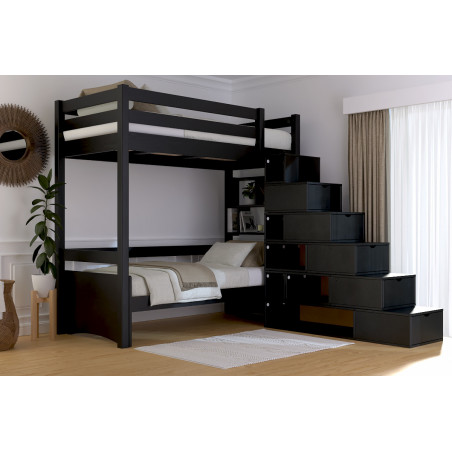 Hochbett 90x200 mit Würfeltreppe und schwarzem Lack