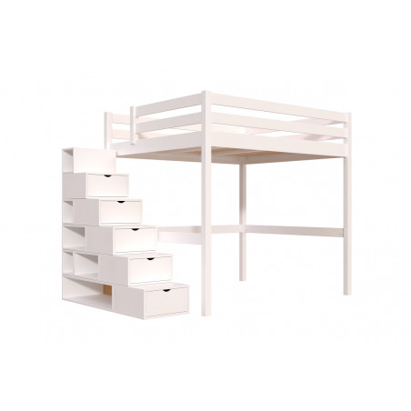 Lit 2 places en hauteur avec escalier cube et vernis blanc