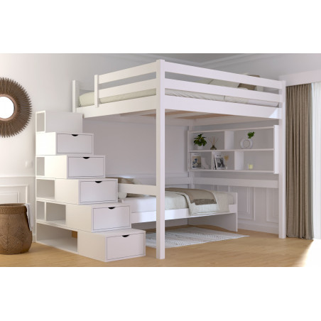Hochbett für 2 Personen aus Massivholz, mit Würfel-Treppe und weißer Wasserlackierung