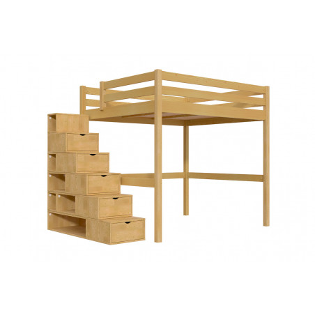 Letto rialzato in legno massello con accesso tramite scala cubica - verniciato miele