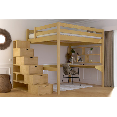 Letto a soppalco a 2 posti in legno massello con accesso tramite scala cubica - verniciato senza solventi miele