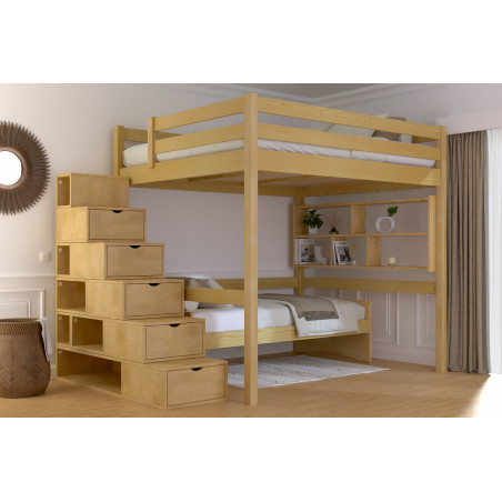 Letto a soppalco a 2 posti prodotto in Francia, accesso tramite scala cubica modulabile - miele