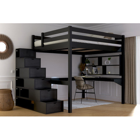 Lit en hauteur en bois massif avec escalier cube modulable – vernis à l’eau noir