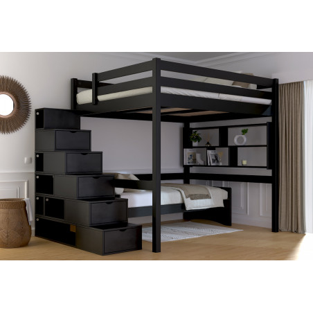 Lit 2 places en hauteur en pin massif, accès escalier cube, vernis sans solvants noir