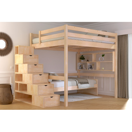 Cama alta doble de pino macizo, acceso con escalera cúbica modulable - barniz natural satinado