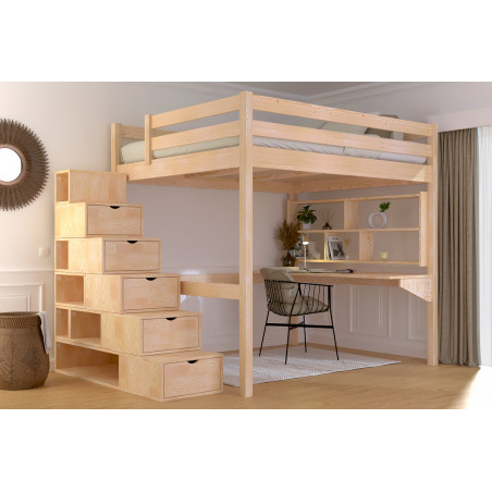 Cama alta de madera maciza con acceso con escalera cúbica modulable - barniz natural