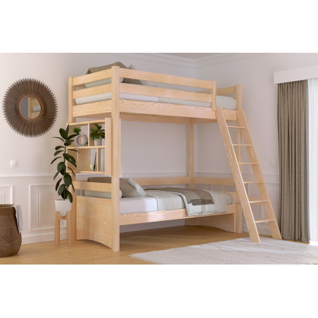 Cama alta de madera maciza con escalera inclinada - sin barnizar