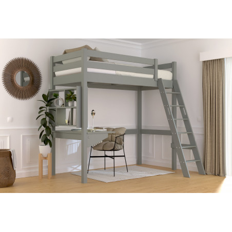 Letto a soppalco singolo con scala inclinata con vernice all'acqua grigia