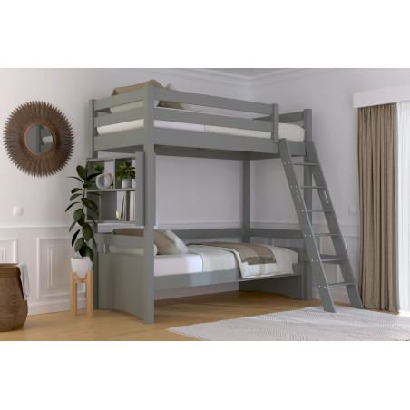Lit mezzanine 90x200 en pin massif accès échelle inclinée – vernis sans solvants gris