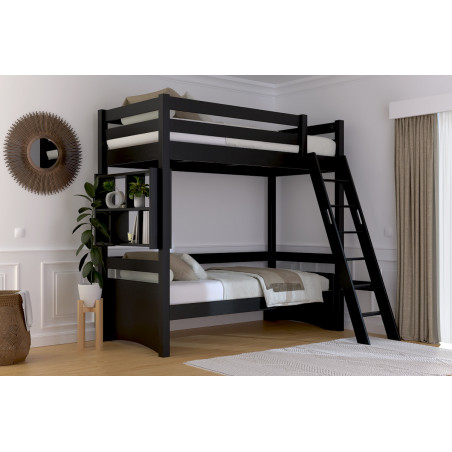 Letto a soppalco singolo con accesso tramite scala inclinata e verniciato all'acqua nero