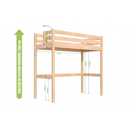 Cama alta individual fabricada en Francia en pino macizo con escalera inclinada