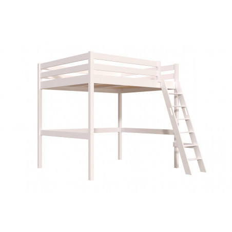 Cama alta doble de madera maciza con acceso por escalera inclinada - barniz blanco