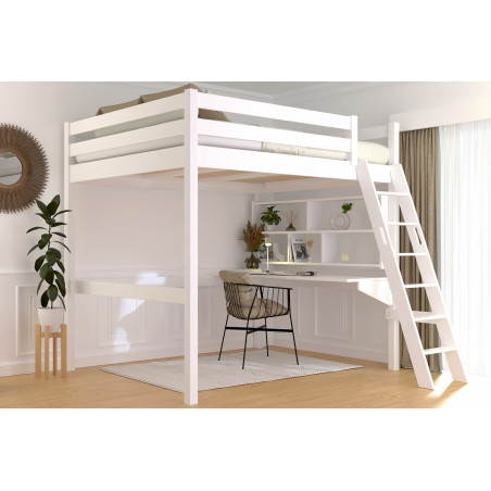 Cama alta para adultos de madera maciza con escalera inclinada - barniz al agua blanco
