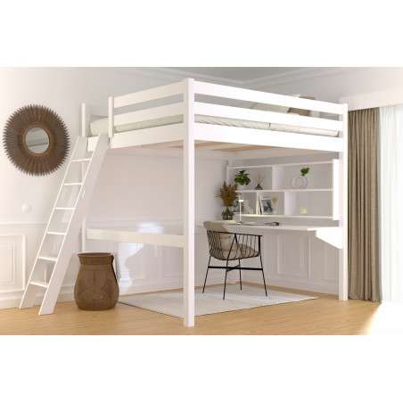 Cama alta para adultos de madera maciza con escalera inclinada - barniz blanco