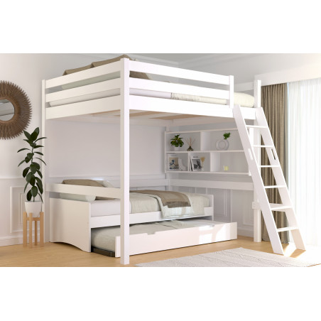 Cama alta doble de madera maciza con escalera inclinada - barniz sin disolventes blanco