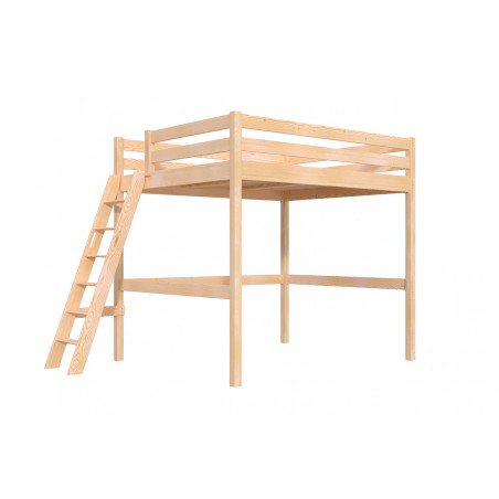Cama alta doble de madera maciza con escalera cúbica - sin tratar