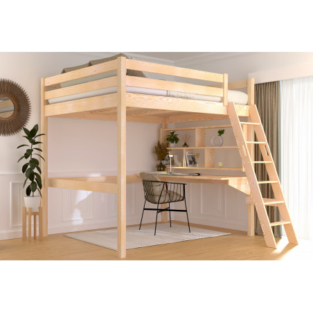 Cama alta doble de madera maciza con escalera inclinada - sin tratar