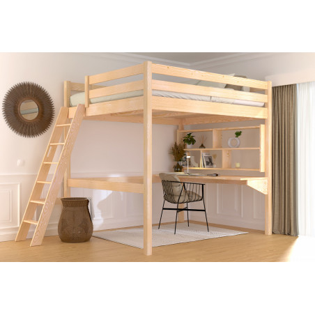 Lit mezzanine 160x200 en bois massif avec échelle inclinée – non vernis