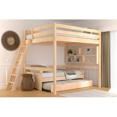 Cama alta doble de madera maciza - escalera inclinada - sin tratar
