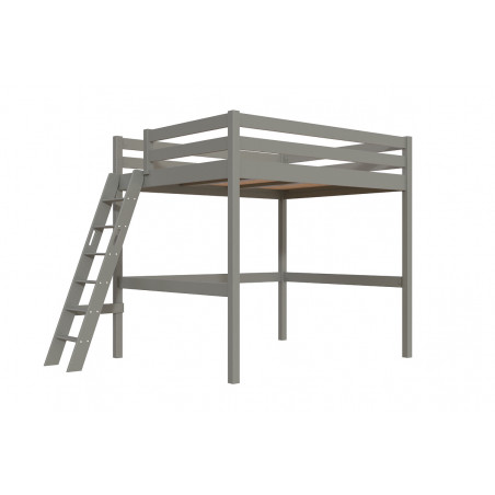 Lit mezzanine 2 places en bois massif avec échelle inclinée – vernis à l’eau gris