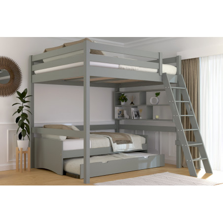 Lit mezzanine 2 places en bois massif avec échelle inclinée – vernis gris