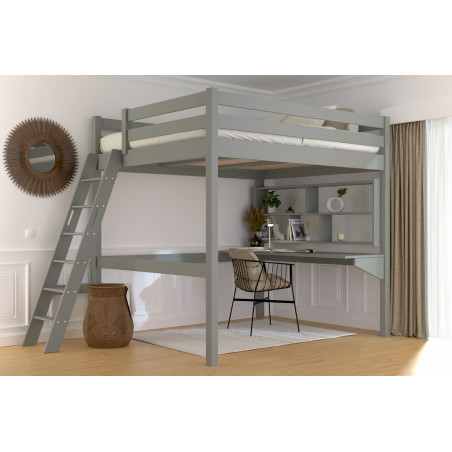 Lit mezzanine 2 places en pin massif avec échelle inclinée – vernis sans solvants gris