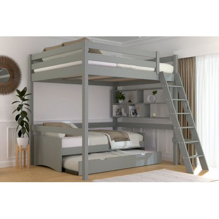 Lit mezzanine 160x200 en bois massif avec échelle inclinée – vernis à l’eau gris