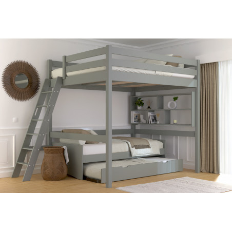 Cama alta de 160x200 de madera maciza con escalera inclinada - barniz al agua gris