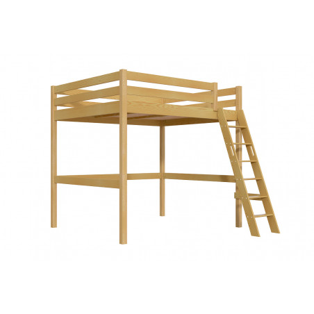 Cama alta para adultos de madera maciza con escalera inclinada y barniz miel