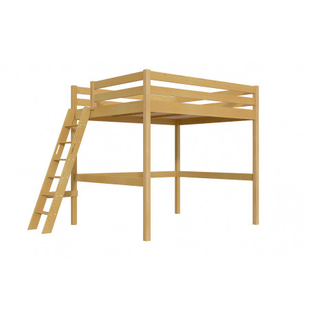 Cama alta para adultos de madera maciza con acceso por escalera cúbica y barniz miel
